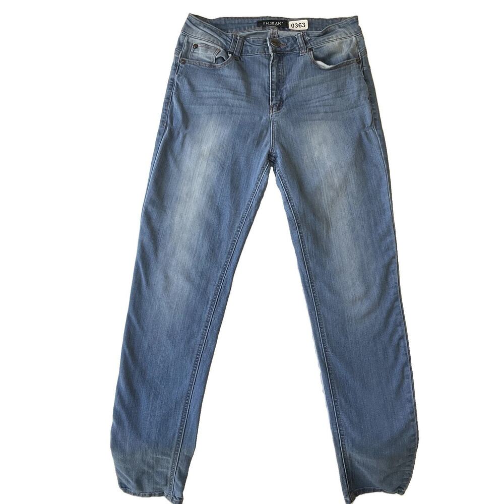 ENJEAN Women Jeans 11 Medium Blue Denim Logo Button 29" Inseam Stretch 30” Waist